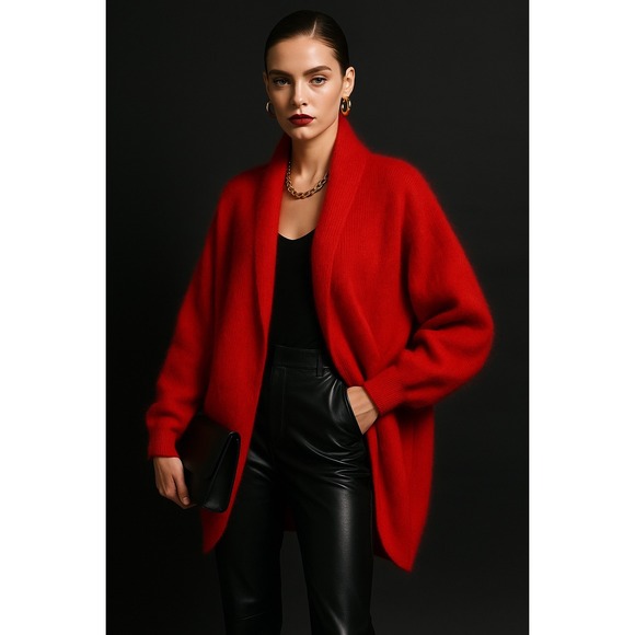 Vintage Red Angora Blend Cardigan Open Front Cozy Soft Knit Sweater Coat Size XL - Picture 1 of 11